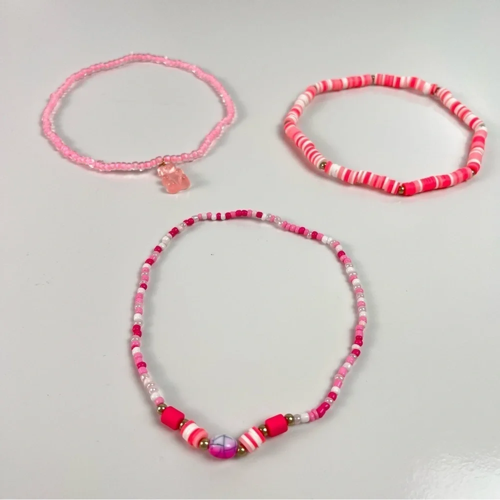 Lot of 3 Beaded Girls Chokers Pink Teddy Bear